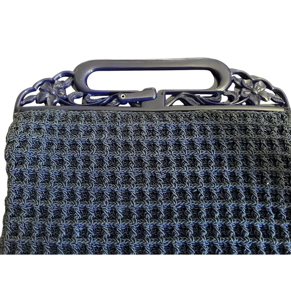 Vintage Blue Crochet Handbag with Floral Frame – Mid Century Top Handle Purse